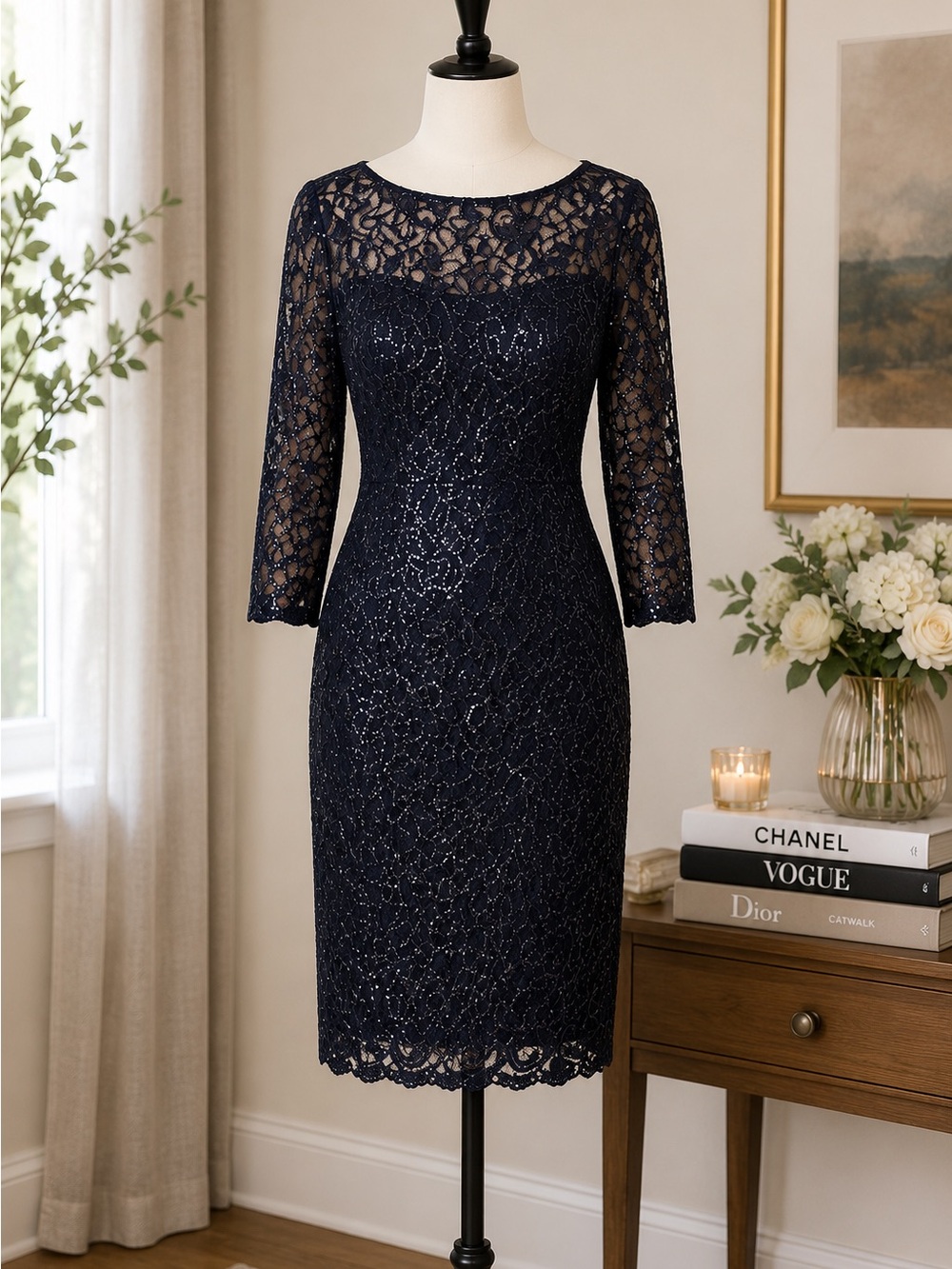 Marina Navy Sequin Lace Sheath Dress Midi Mother of Bride Wedding Guest 10 - Picture 2 of 8